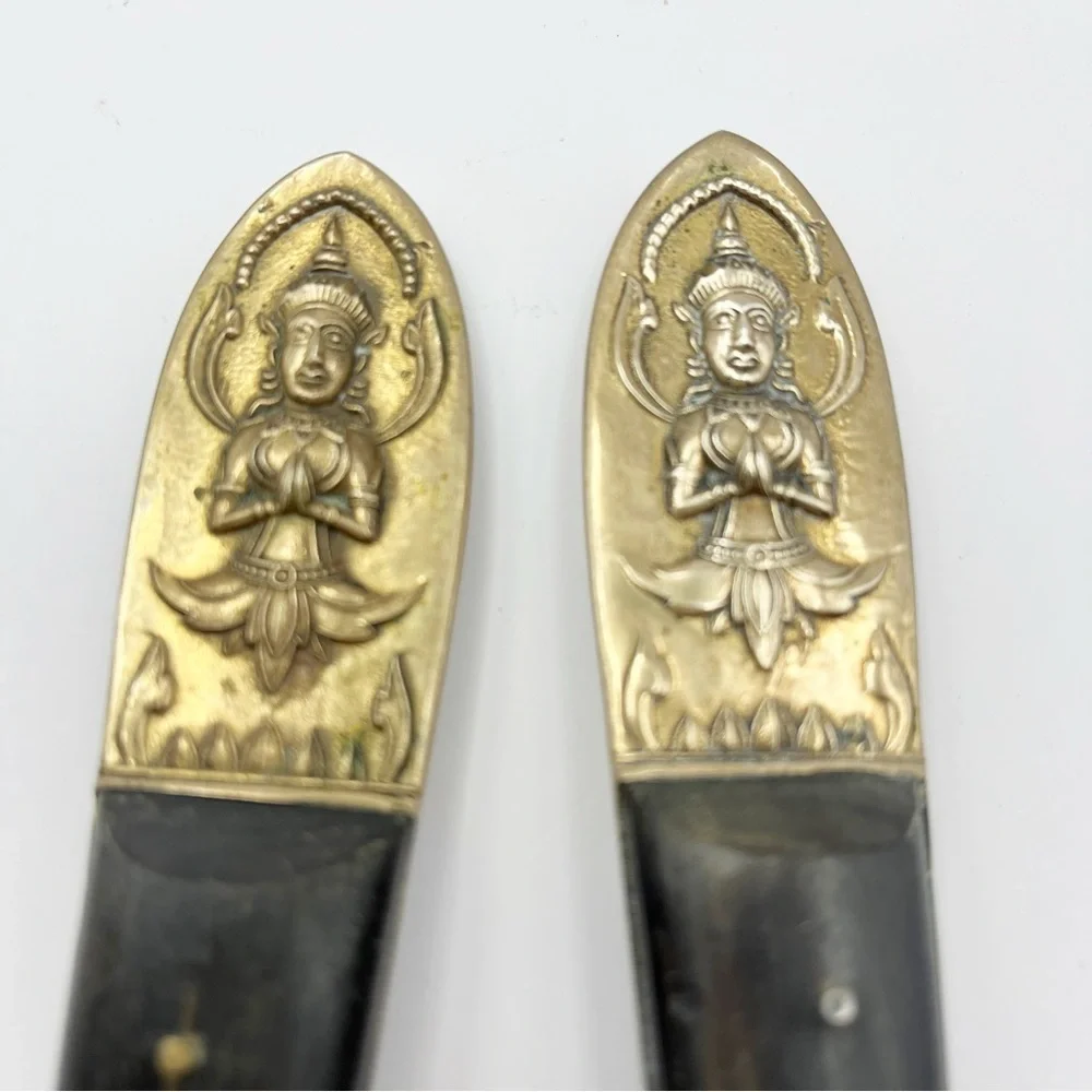 Brass Bronze Wood Handle Salad Serving Spoon & Fork Flatware Thailand Siam